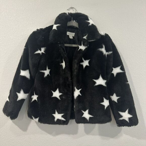 Girls Star Print Faux Fur Jacket Black White Soft 10/12 Large (See Measurements) - Picture 5 of 5